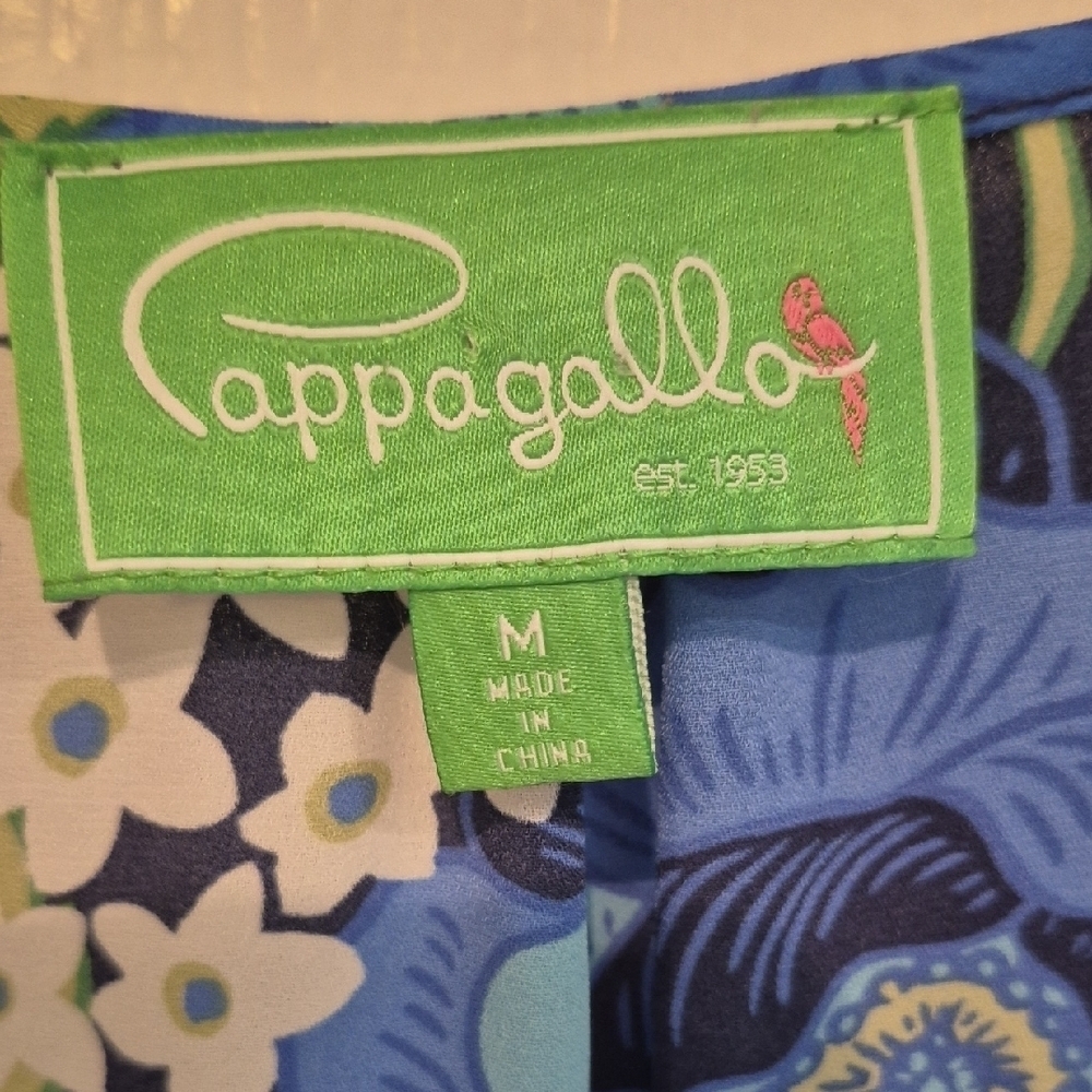 Pappagallo Vibrant Blue and Green Floral Top With Ruffle Sleeve And Hem - Picture 2 of 8